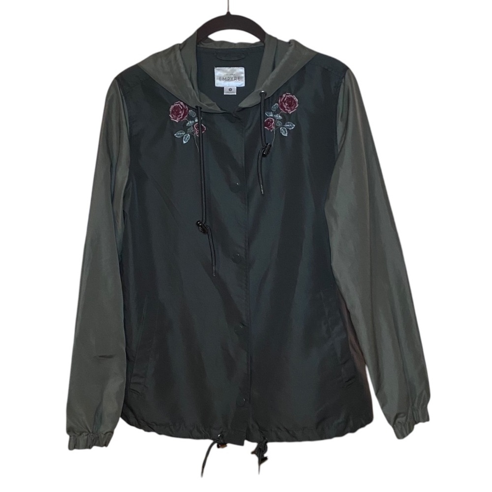 Empyre Rose Embroidered Hooded Windbreaker Skate Jacket Olive Small